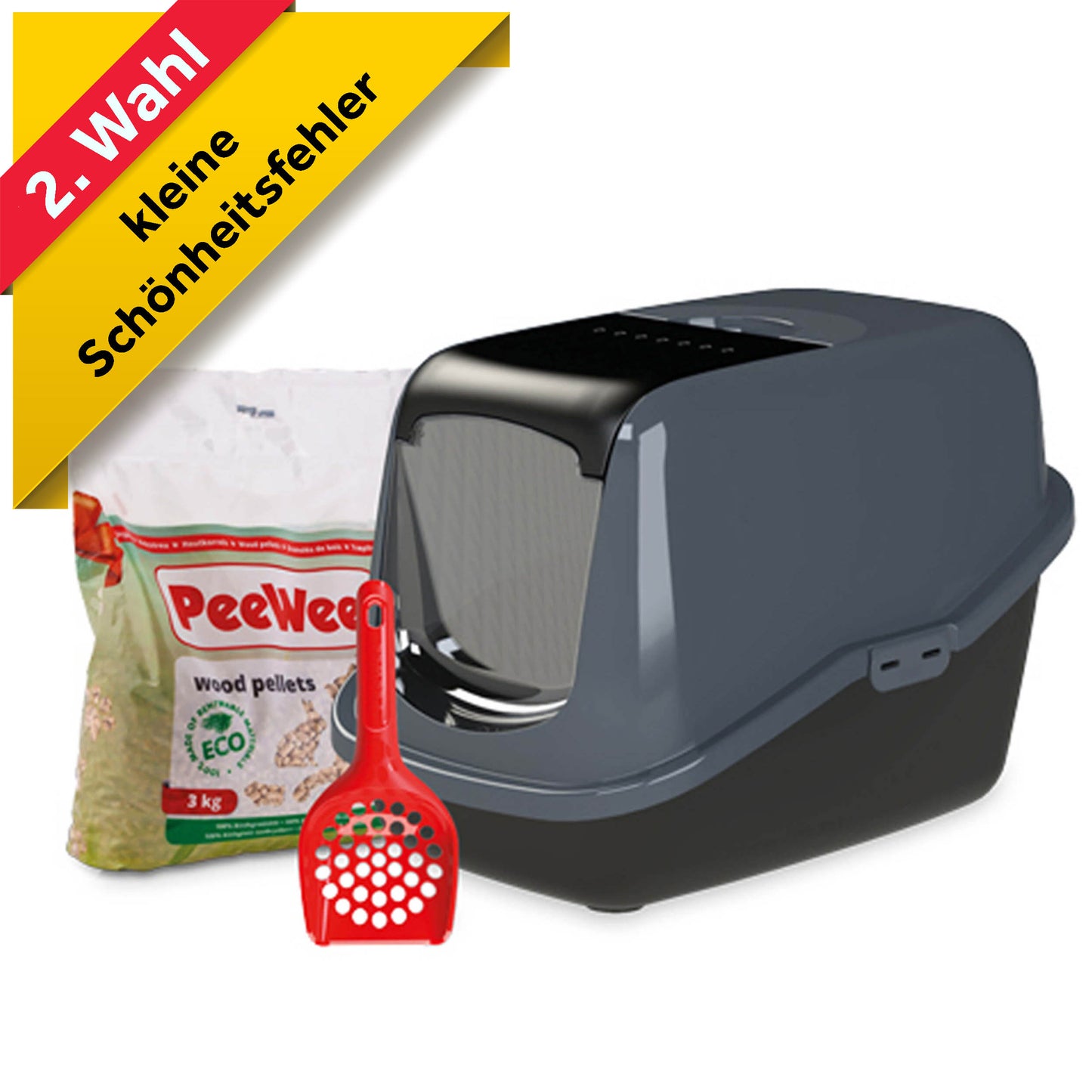 PeeWee Katzenklo EcoHus Starterpaket schwarz anthrazit inkl. 3kg Streu Holzpellets + Schaufel