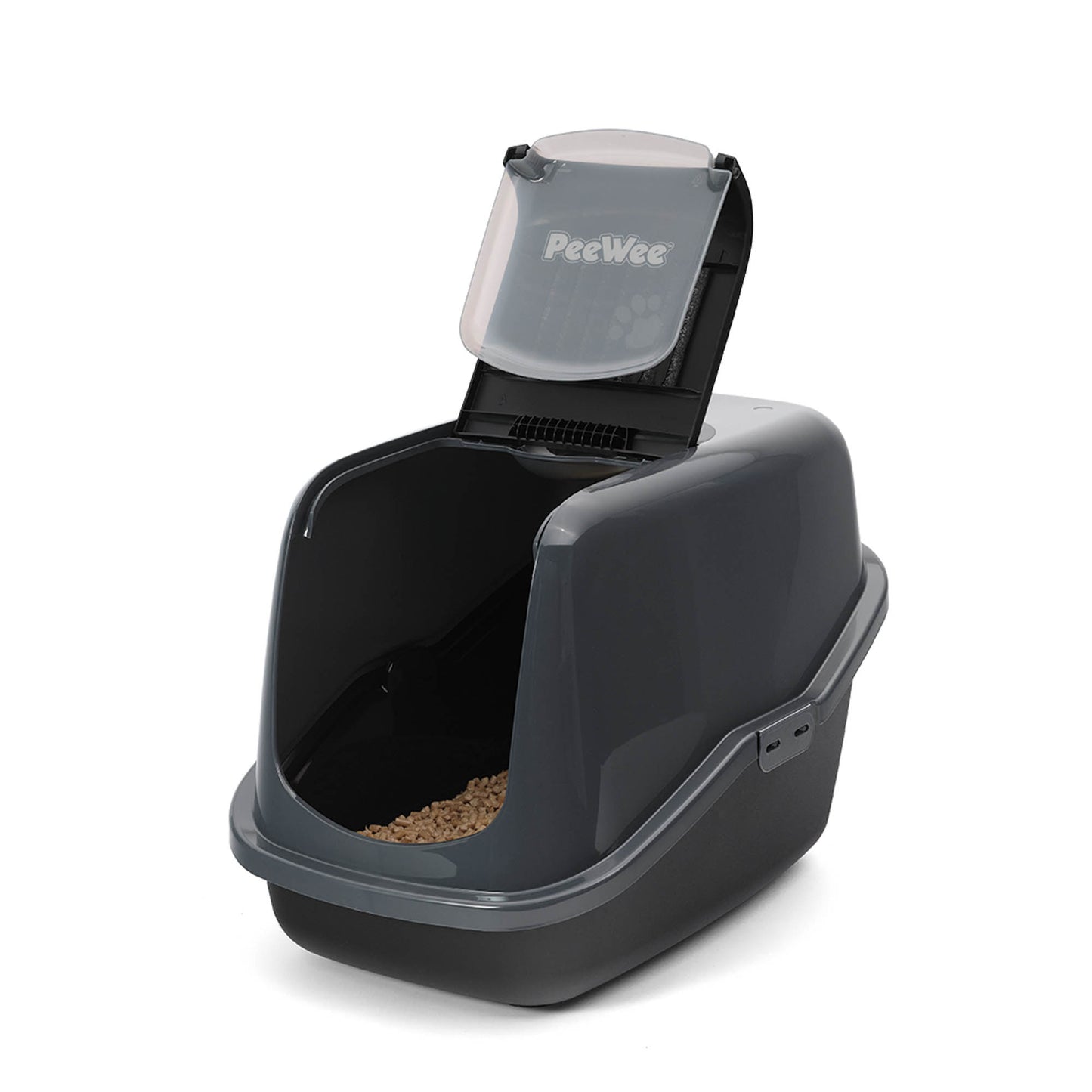 PeeWee EcoHus Katzenklo Anthrazit-Schwarz – Starterpaket mit Haube & 3 kg Holzpellets