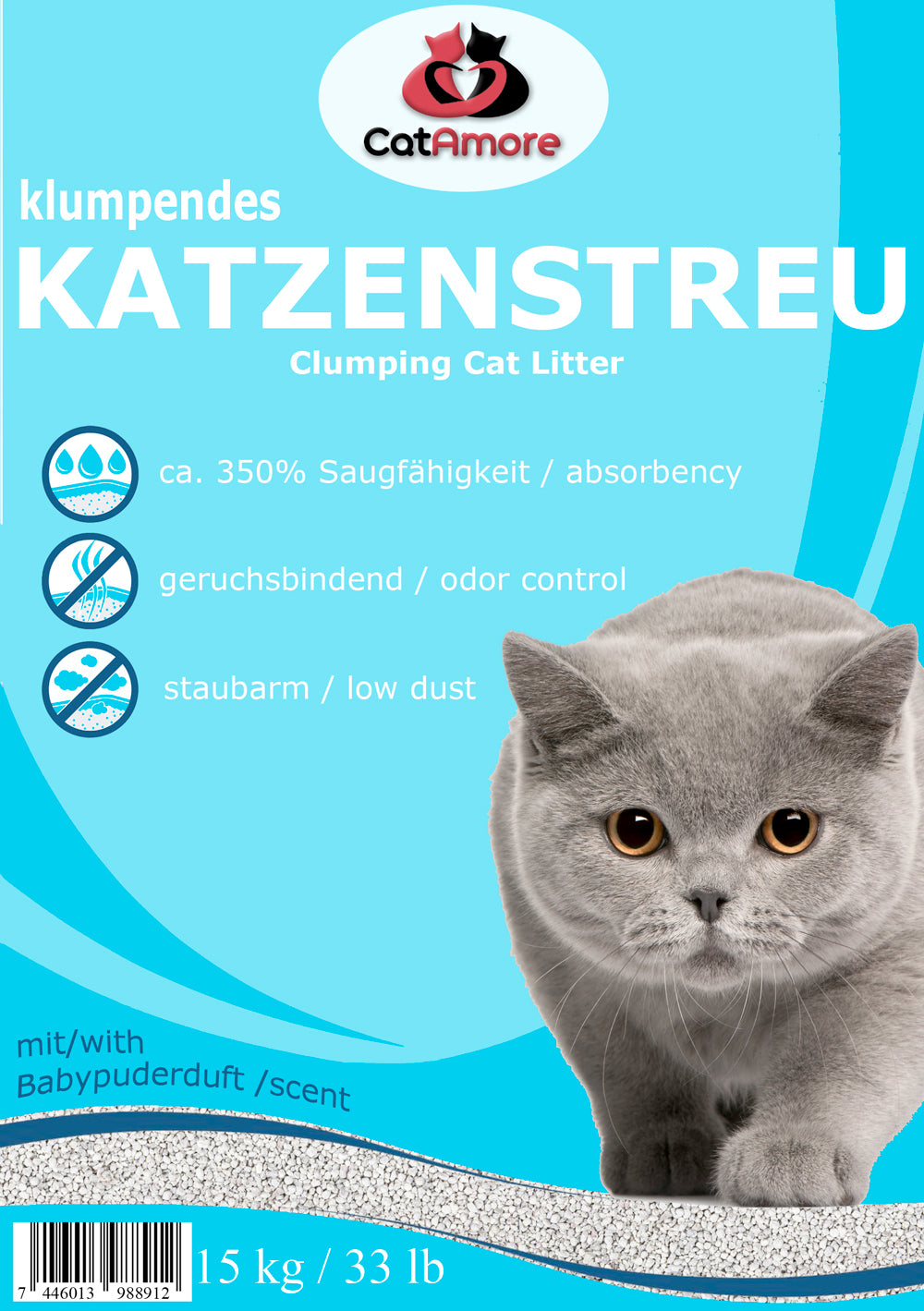 CatAmore Katzenstreu Klumpstreu mit Babypuderduft staubarm 2 x 15 kg