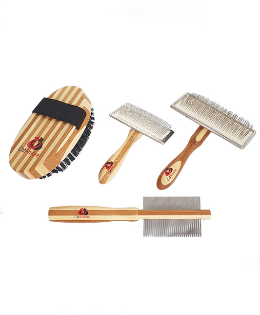 CatAmore 4tlg. Katzenpflegeset Fellbürste Fellkamm Katzenkamm Katzenbürste Grooming Set Tierpflege Katzenpflege Katze