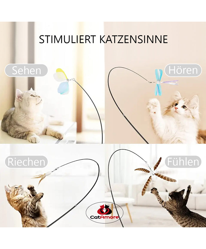 CatAmore Katzenangel mit Federn Spielangel Holzgriff Glöckchen Feder 95 cm lang