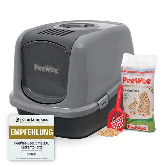 PeeWee EcoDome XXL Katzenklo Grau – Starterpaket mit Haube & 3 kg Holzpellets