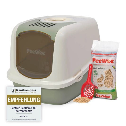 PeeWee EcoDome XXL Katzenklo Salbeigrün – Starterpaket mit Haube & 3 kg Holzpellets