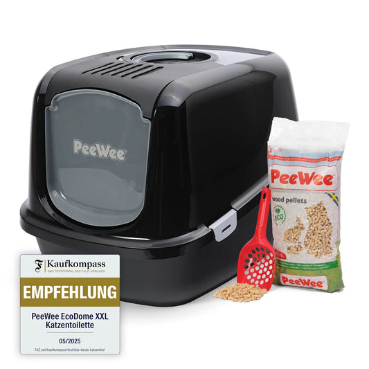 PeeWee EcoDome XXL Katzenklo Schwarz – Starterpaket mit Haube & 3 kg Holzpellets