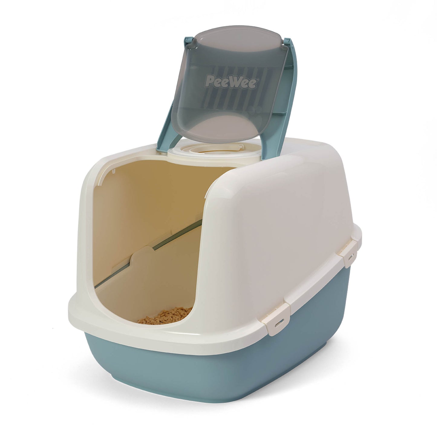 PeeWee EcoDome XXL Katzenklo Taubenblau – Starterpaket mit Haube & 3 kg Holzpellets
