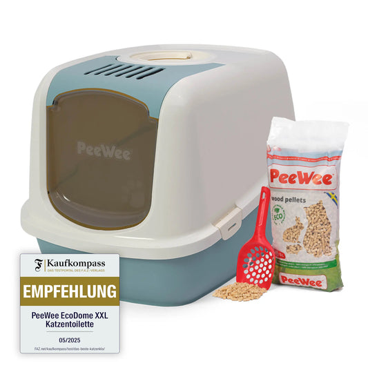 PeeWee EcoDome XXL Katzenklo Taubenblau – Starterpaket mit Haube & 3 kg Holzpellets