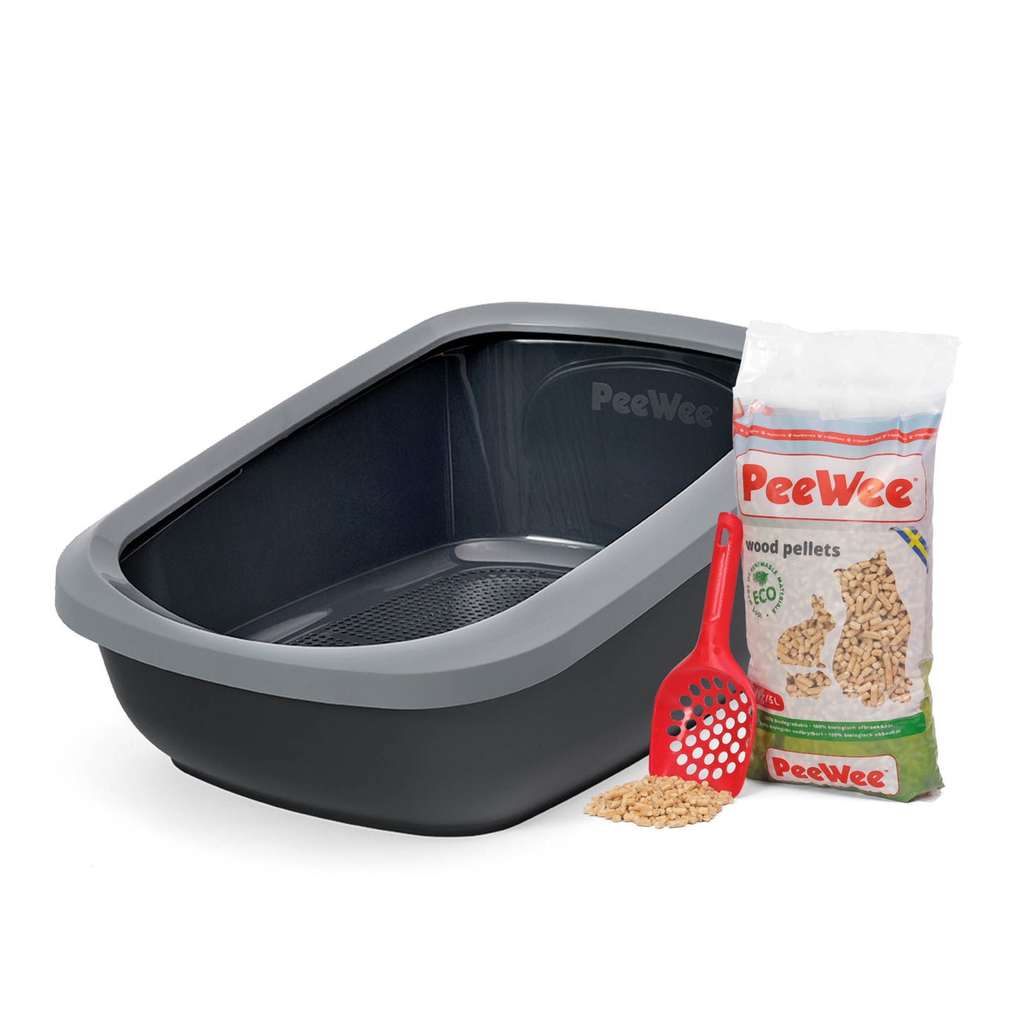 PeeWee EcoGranda XXL Offenes Katzenklo Grau – Starterpaket inkl. 3 kg Holzpellets
