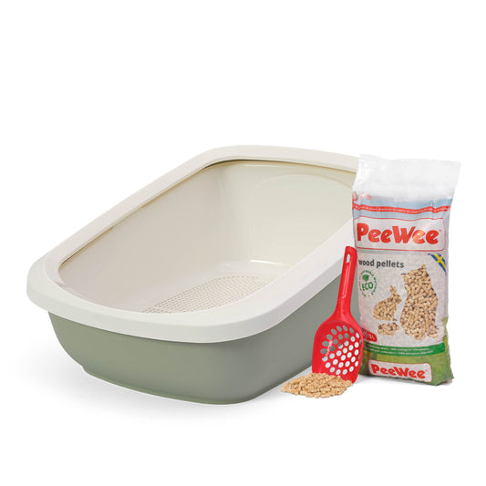 PeeWee EcoGranda XXL Offenes Katzenklo Salbeigrün – Starterpaket inkl. 3 kg Holzpellets