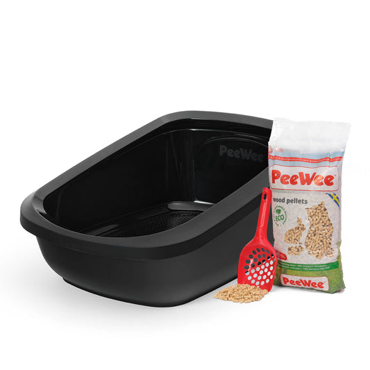 PeeWee EcoGranda XXL Offenes Katzenklo Schwarz – Starterpaket inkl. 3 kg Holzpellets