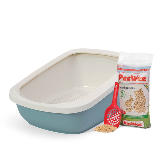 PeeWee EcoGranda XXL Offenes Katzenklo Taubenblau – Starterpaket inkl. 3 kg Holzpellets
