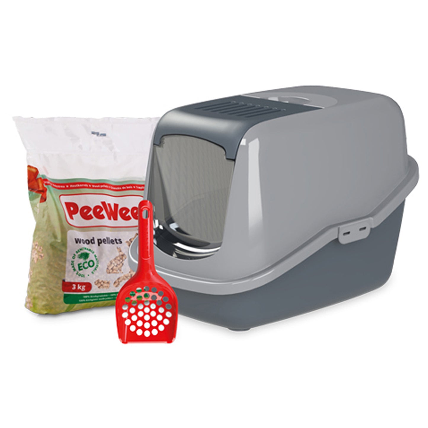 PeeWee Katzenklo EcoHus mit Haube geschlossen inkl. 3kg Streu Holzpellets + Schaufel