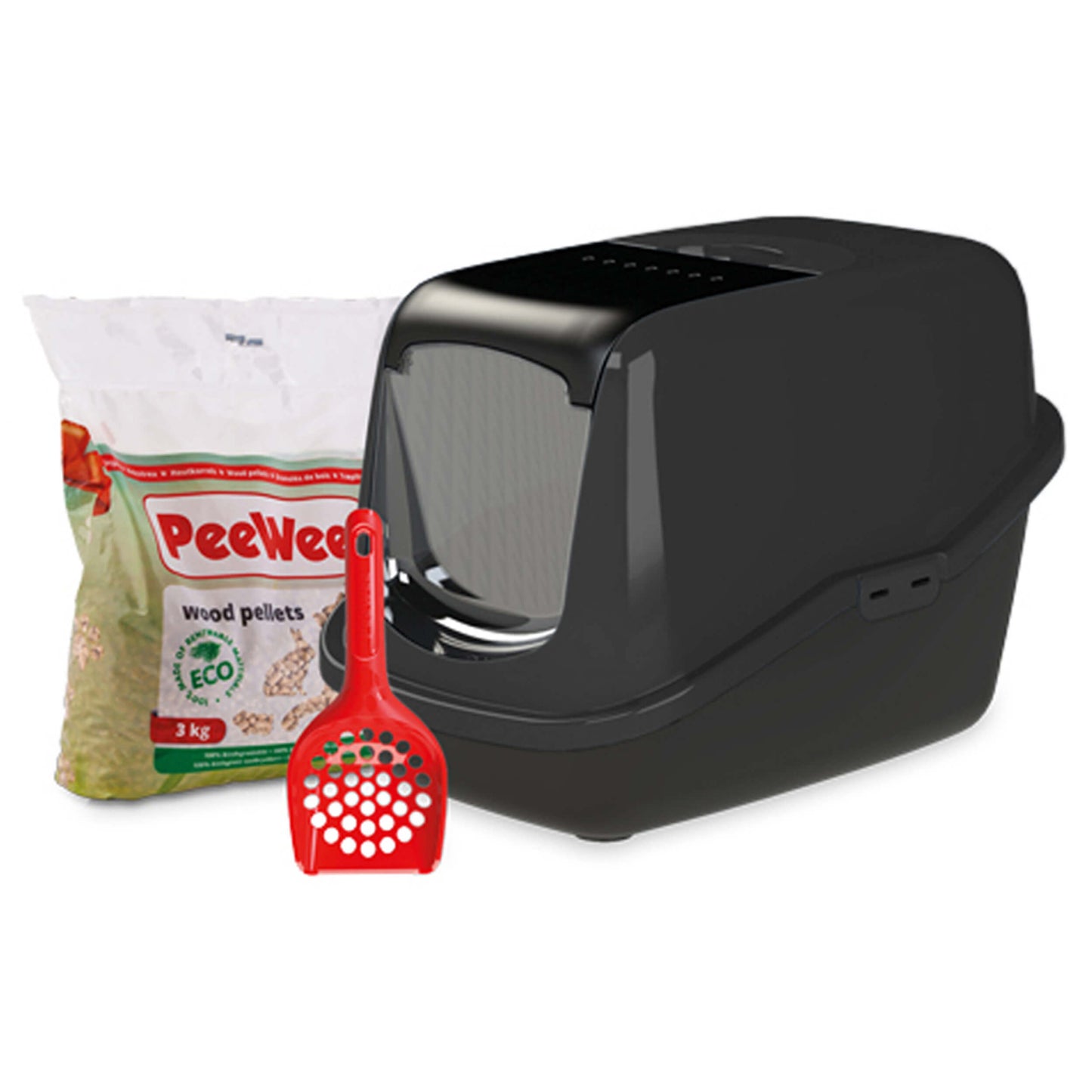 PeeWee Katzenklo EcoHus mit Haube geschlossen inkl. 3kg Streu Holzpellets + Schaufel