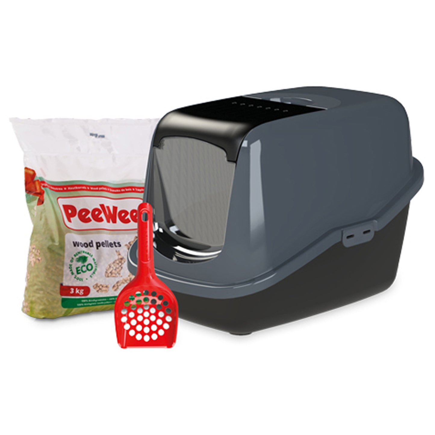 PeeWee Katzenklo EcoHus mit Haube geschlossen inkl. 3kg Streu Holzpellets + Schaufel