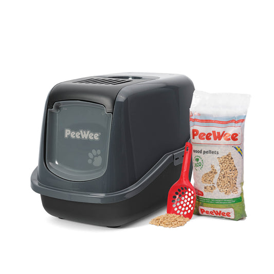 PeeWee EcoHus Katzenklo Anthrazit-Schwarz – Starterpaket mit Haube & 3 kg Holzpellets