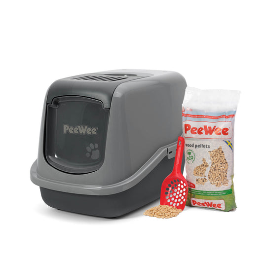 PeeWee EcoHus Katzenklo Grau – Starterpaket mit Haube & 3 kg Holzpellets