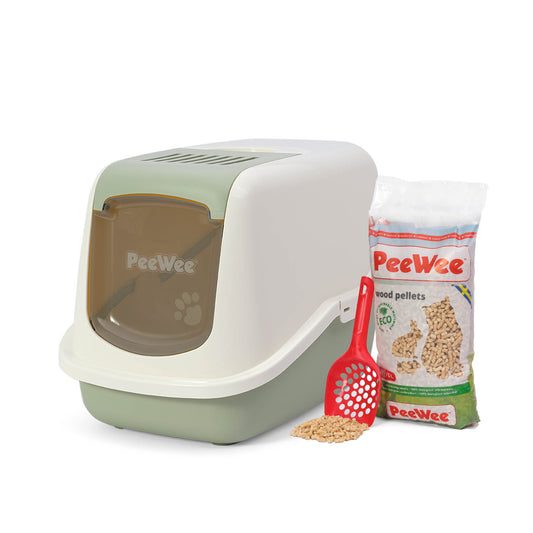 PeeWee EcoHus Katzenklo Salbeigrün – Starterpaket mit Haube & 3 kg Holzpellets