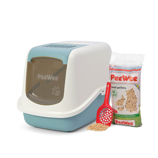 PeeWee EcoHus Katzenklo Taubenblau – Starterpaket mit Haube & 3 kg Holzpellets