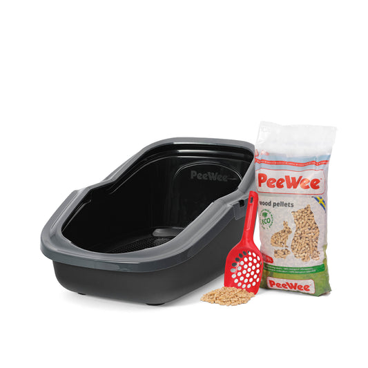 PeeWee EcoMinor Offenes Katzenklo Anthrazit-schwarz – Starterpaket inkl. 3 kg Holzpellets
