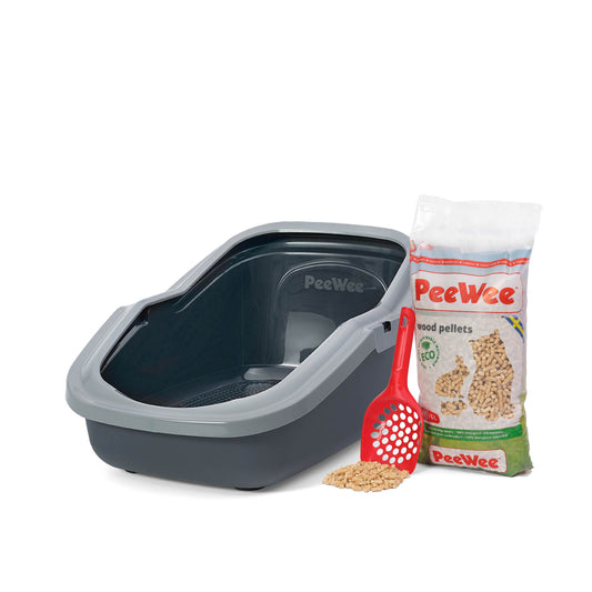 PeeWee EcoMinor Offenes Katzenklo Grau – Starterpaket inkl. 3 kg Holzpellets
