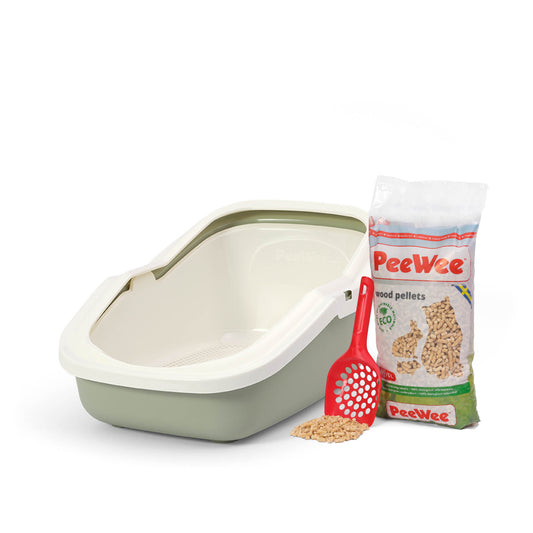 PeeWee EcoMinor Offenes Katzenklo Salbeigrün – Starterpaket inkl. 3 kg Holzpellets