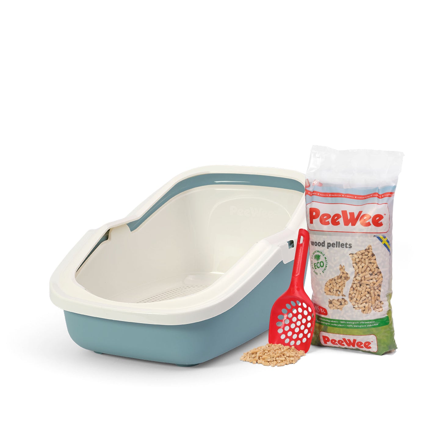 PeeWee EcoMinor Offenes Katzenklo Taubenblau – Starterpaket inkl. 3 kg Holzpellets