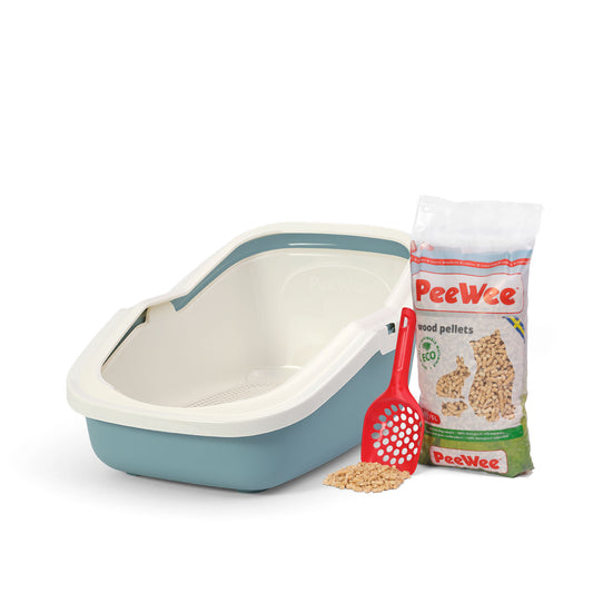 PeeWee EcoMinor Offenes Katzenklo Taubenblau – Starterpaket inkl. 3 kg Holzpellets