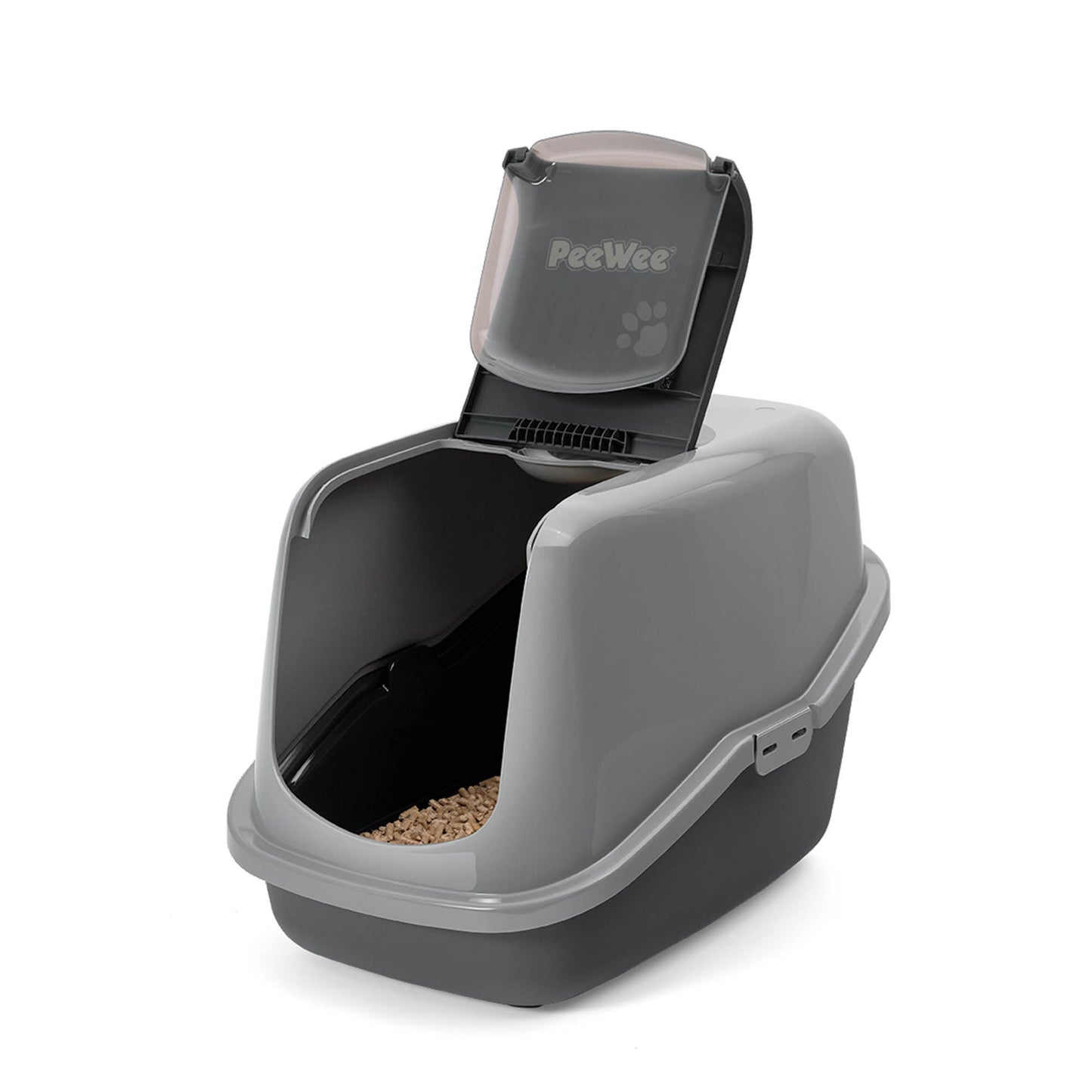 PeeWee EcoHus Katzenklo Grau – Starterpaket mit Haube & 3 kg Holzpellets