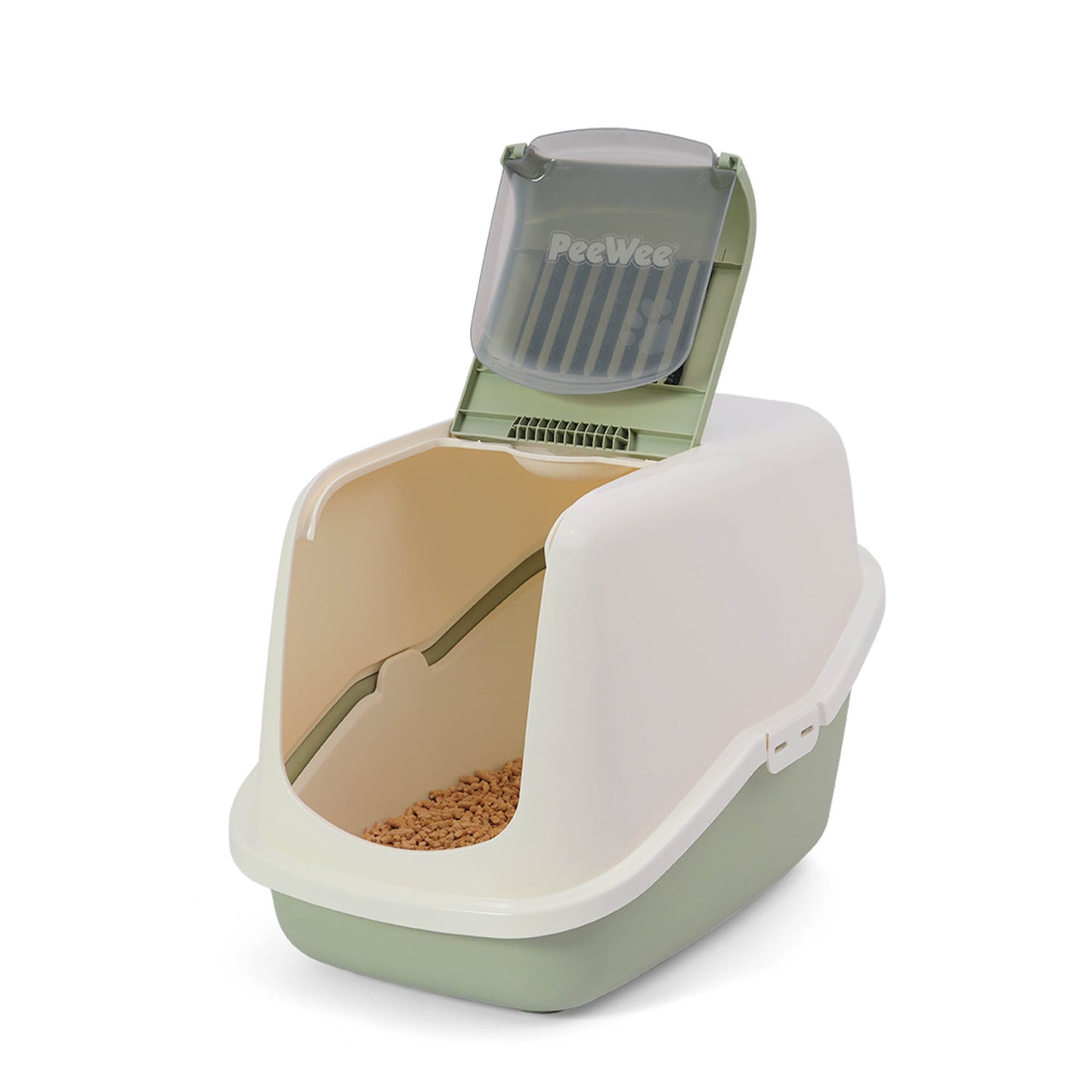 PeeWee EcoHus Katzenklo Salbeigrün – Starterpaket mit Haube & 3 kg Holzpellets